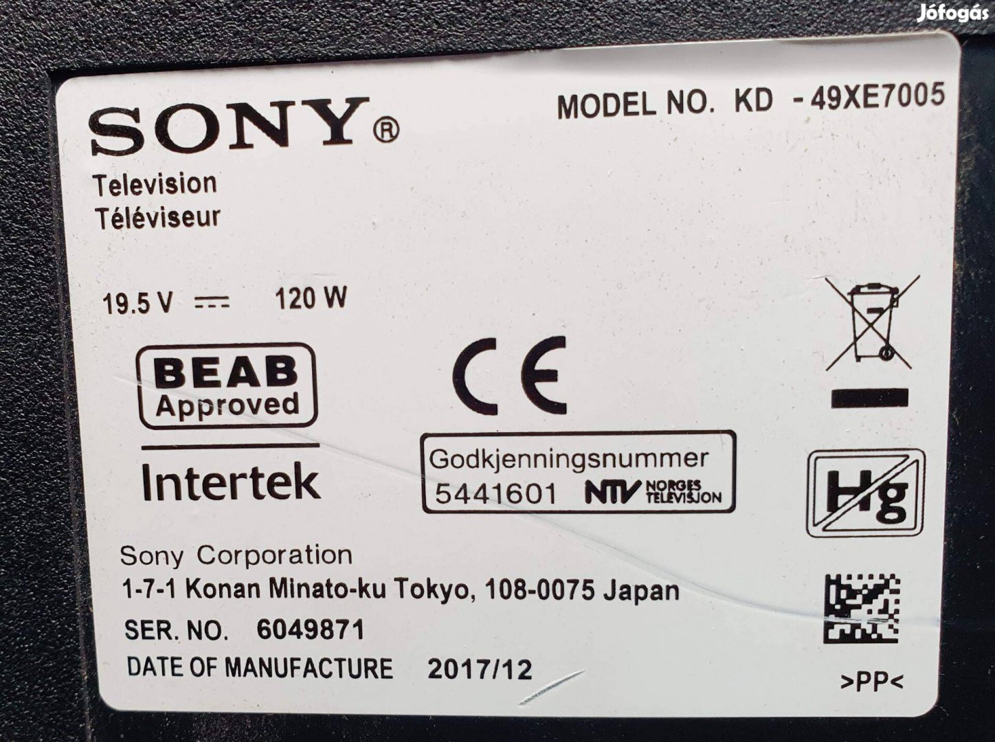 Sony KD-49XE7005 LED LCD tv hibás törött alkatrésznek