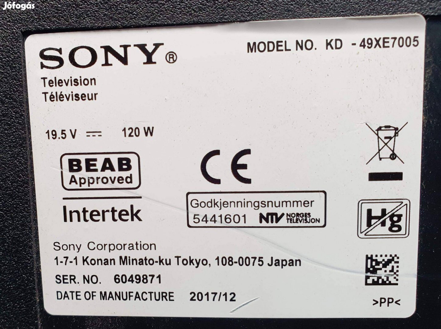 Sony KD-49XE7005 LED LCD tv hibás törött alkatrésznek