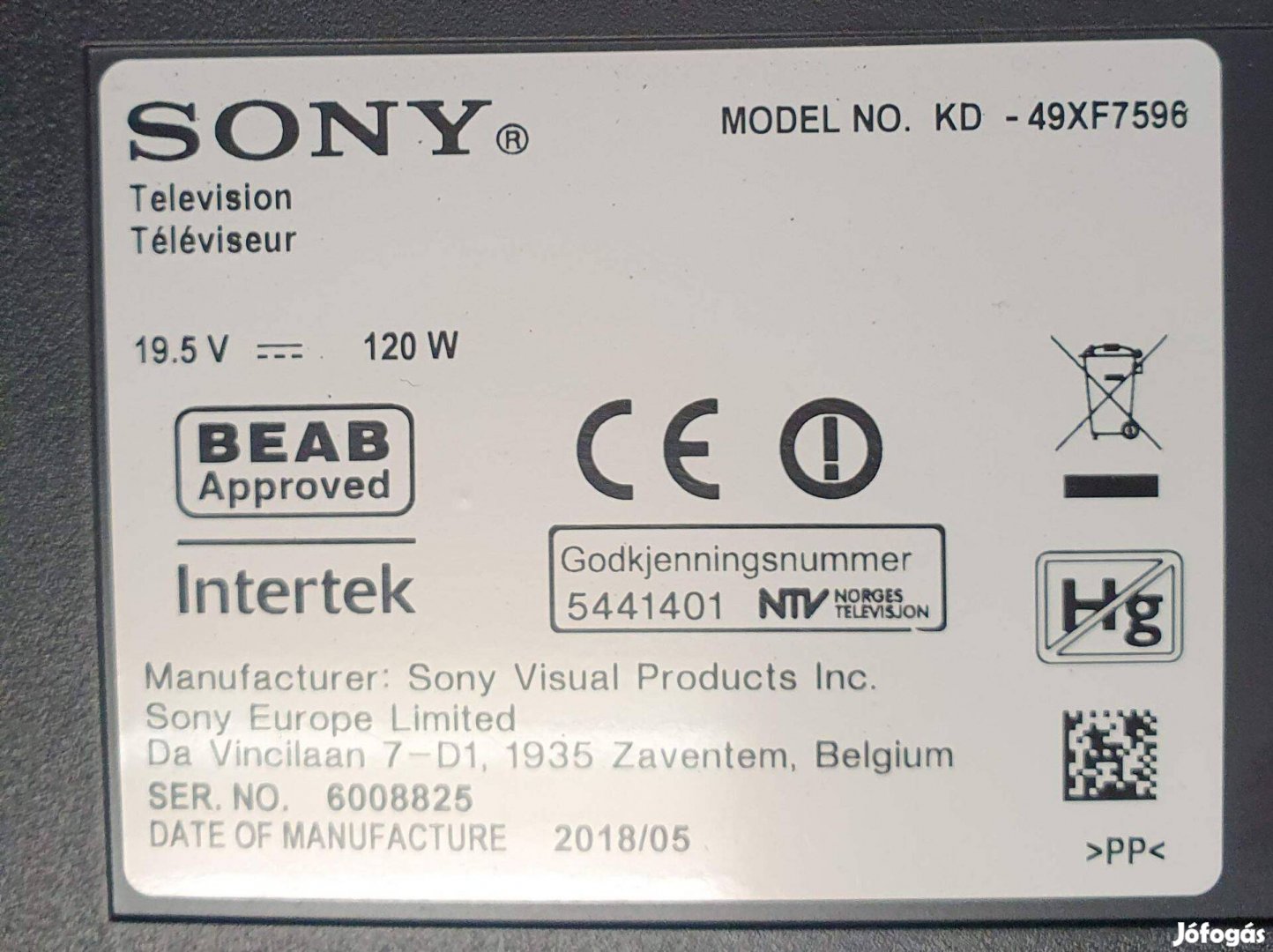 Sony KD-49XF7596 4K UHD LED LCD tv hibás törött alkatrésznek