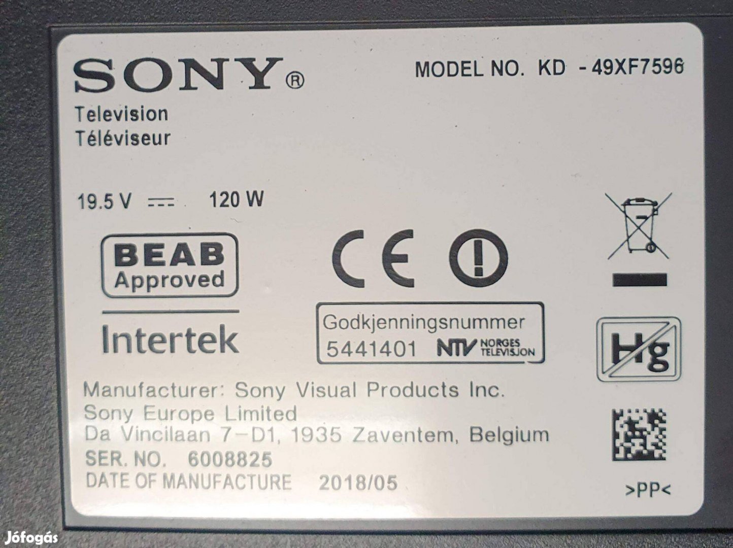 Sony KD-49XF7596 4K UHD LED LCD tv hibás törött alkatrésznek