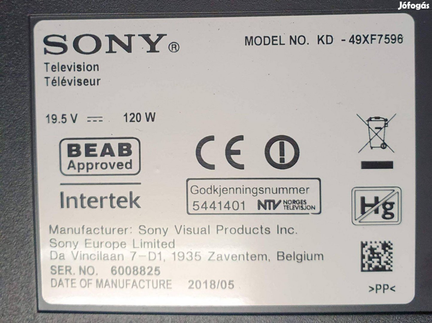 Sony KD-49XF7596 LED LCD tv hibás törött alkatrésznek