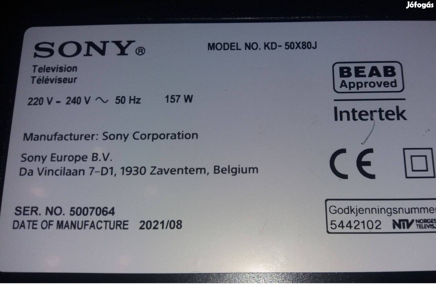 Sony KD-50X80J LED tv hibás törött alkatrésznek Mainboard elkelt