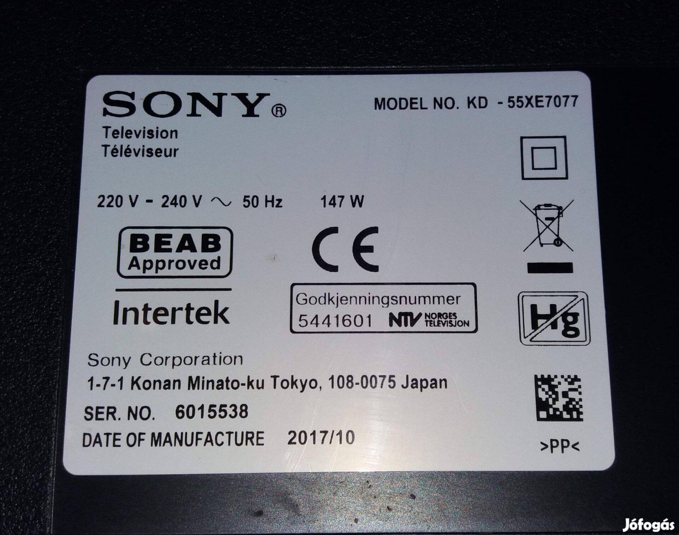 Sony KD-55XE7077 4k UHD tv hibás törött alkatrésznek mainboard elkelt!