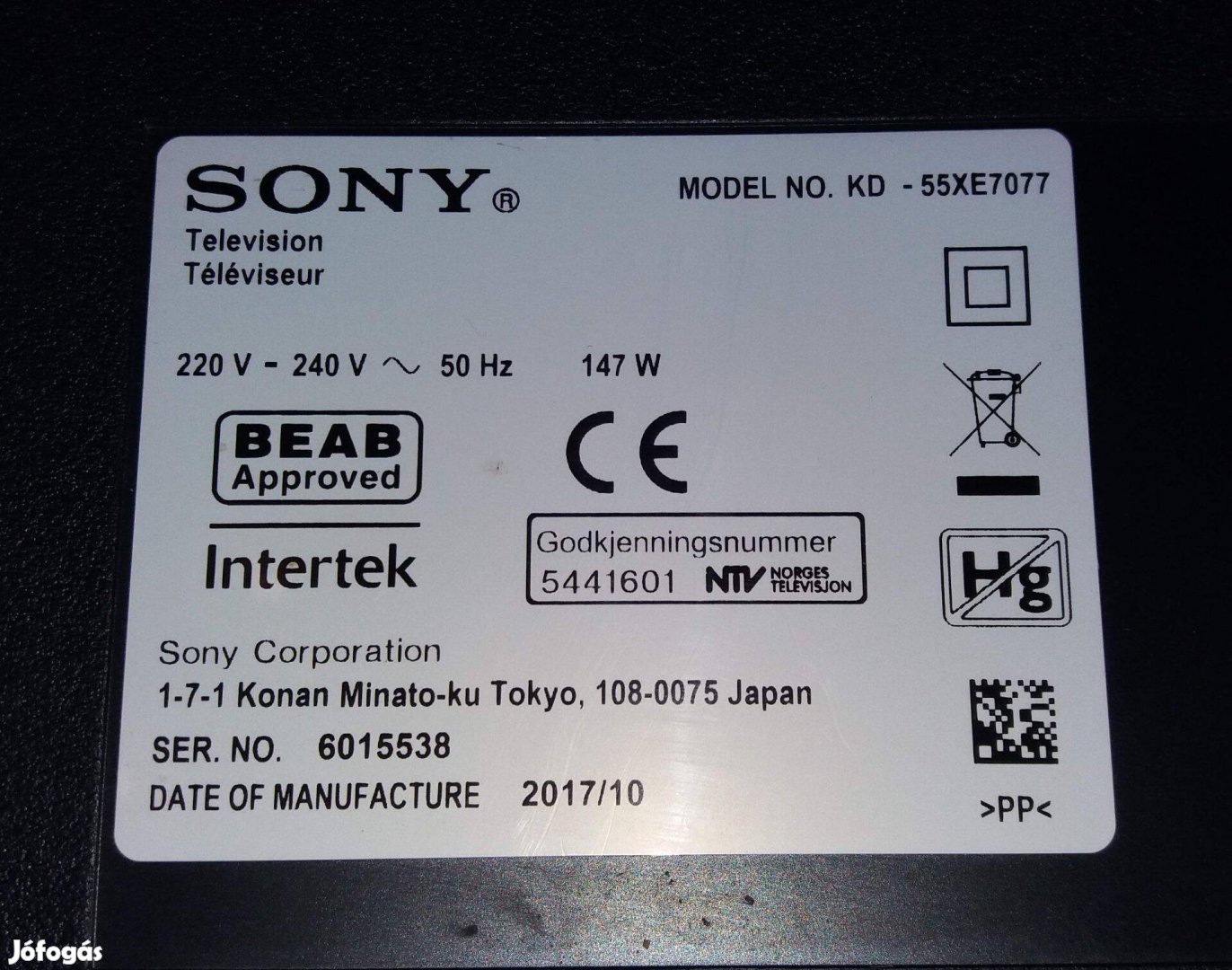 Sony KD-55XE7077 4k UHD tv hibás törött alkatrésznek mainboard elkelt!