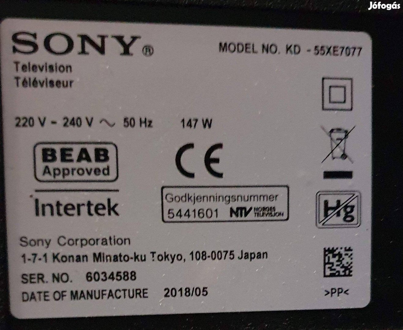 Sony KD-55XE7077 LED LCD tv hibás törött alkatrésznek