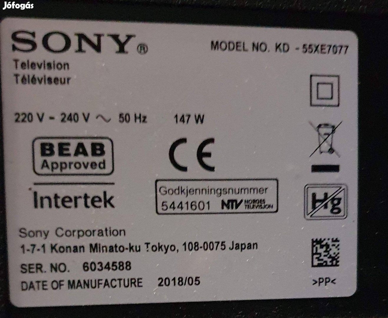 Sony KD-55XE7077 LED LCD tv hibás törött alkatrésznek