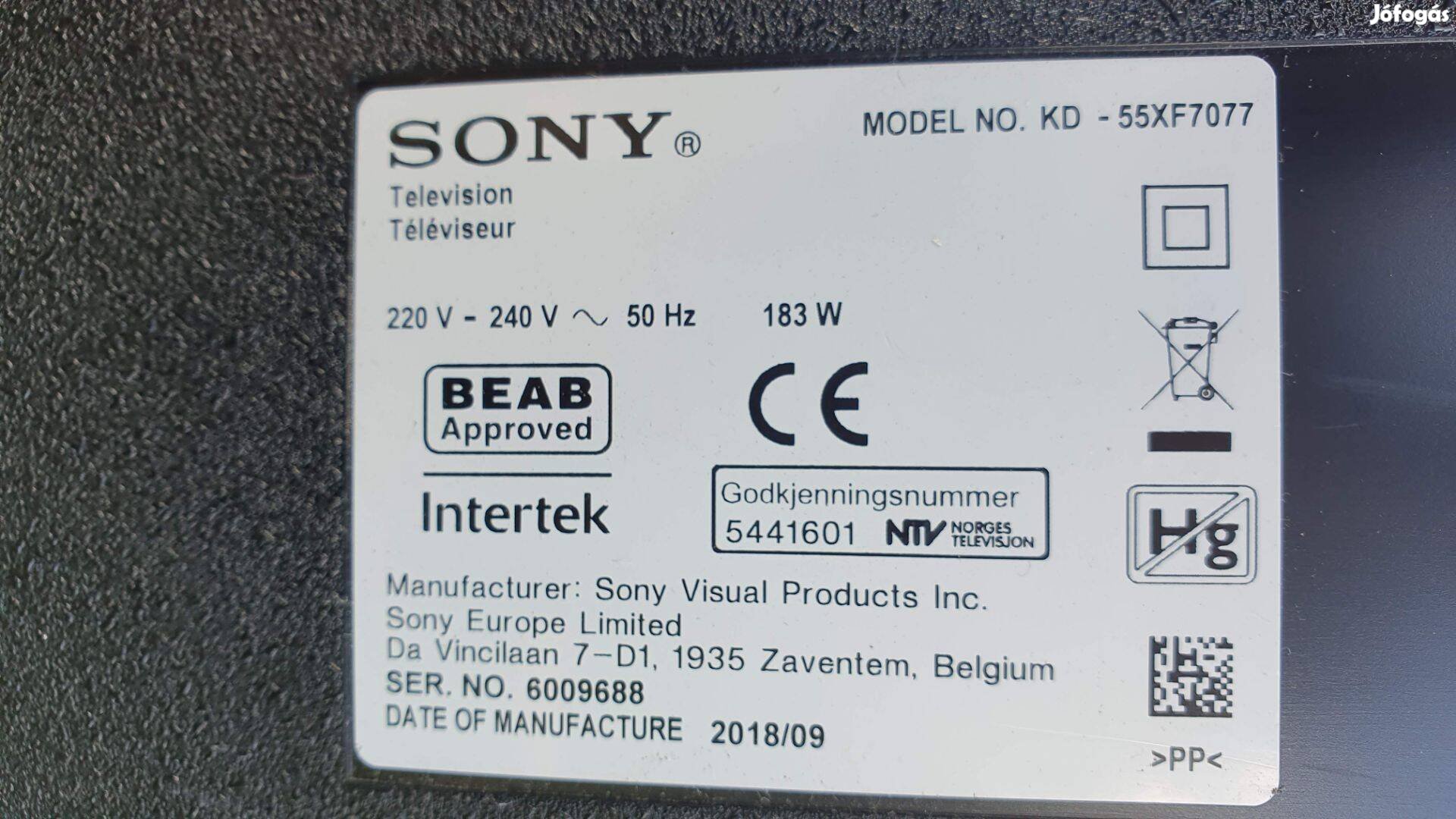 Sony KD-55XF7077 LED LCD tv hibás törött alkatrésznek