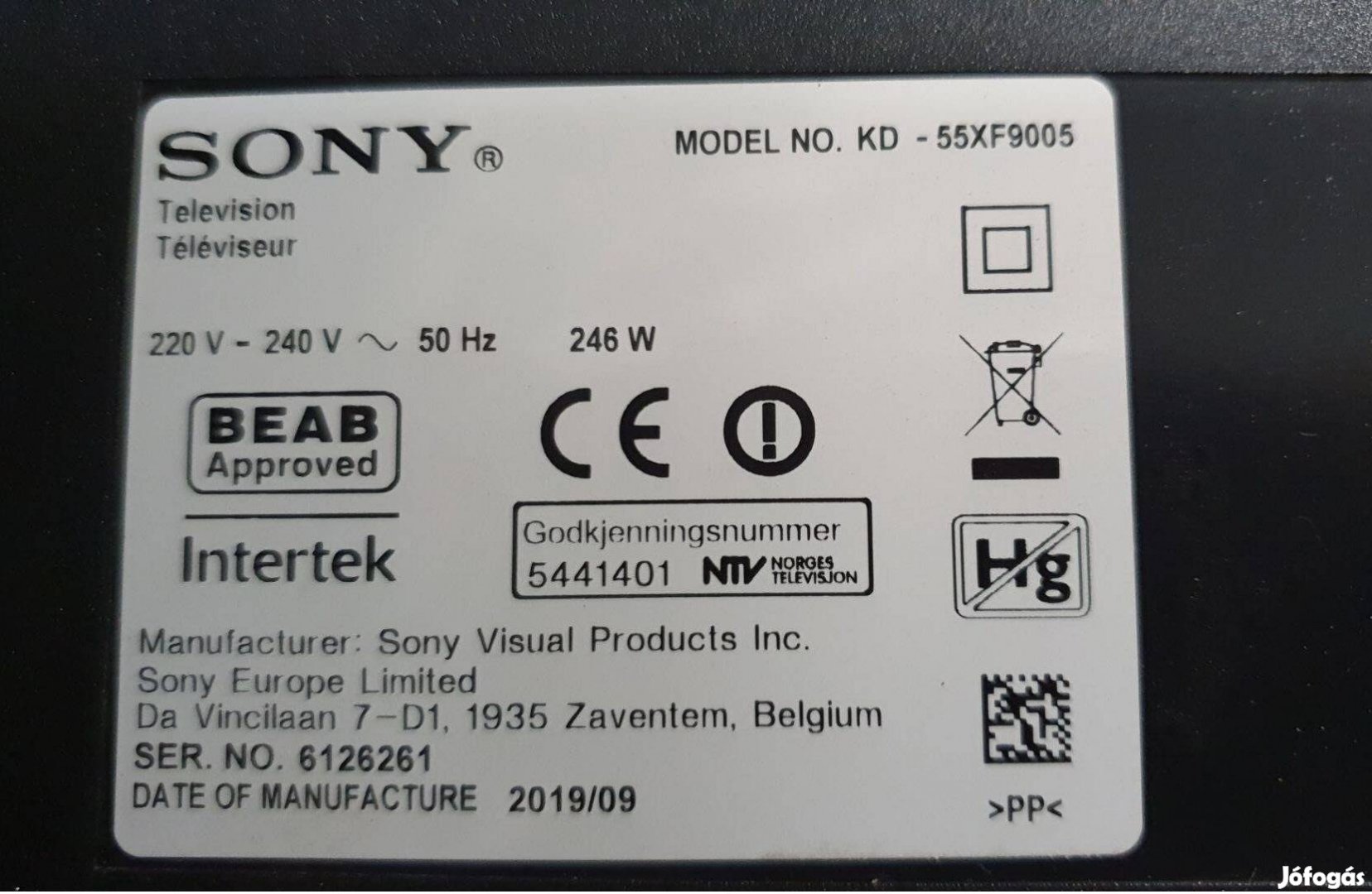 Sony KD-55XF9005 UHD 4K LED tv hibás törött alkatrésznek