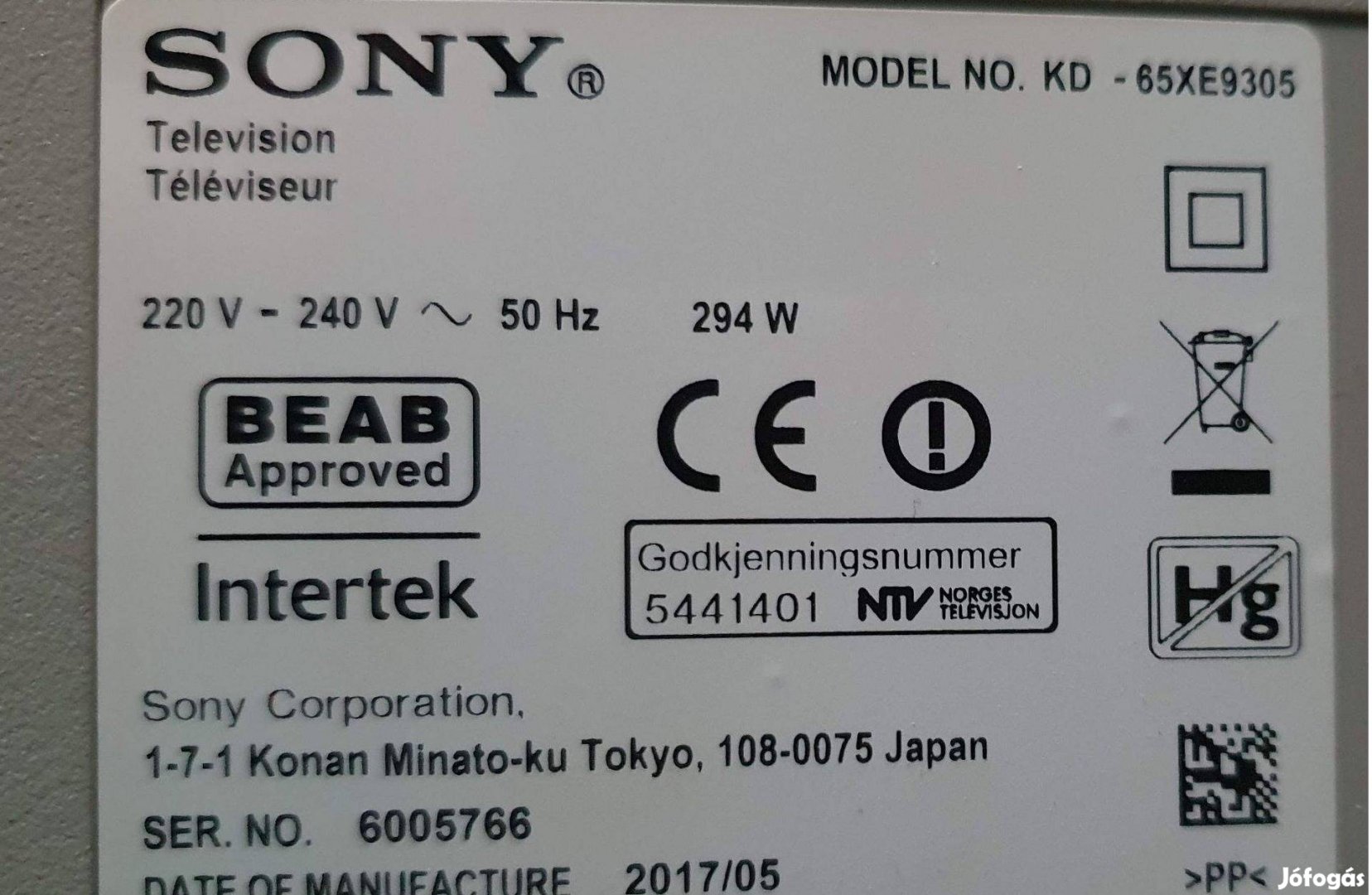 Sony KD-65XE9305 4K UHD Android tv hibás törött alkatrésznek 165cm