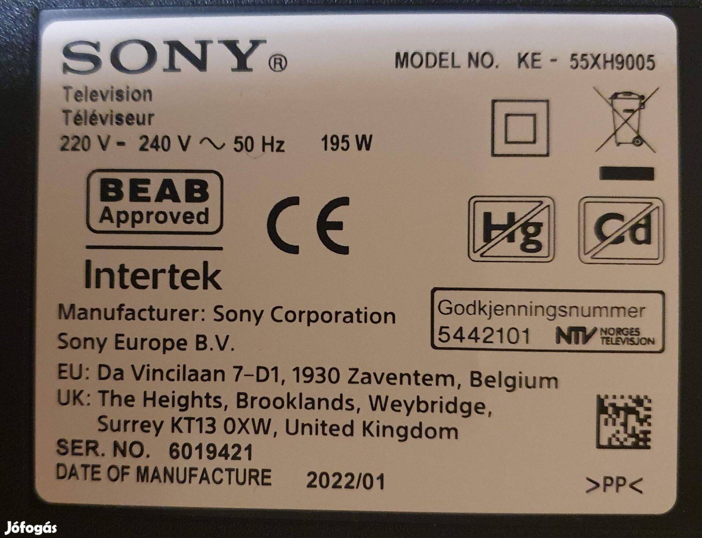 Sony KE-55Xh9005 android LED tv hibás törött alkatrésznek