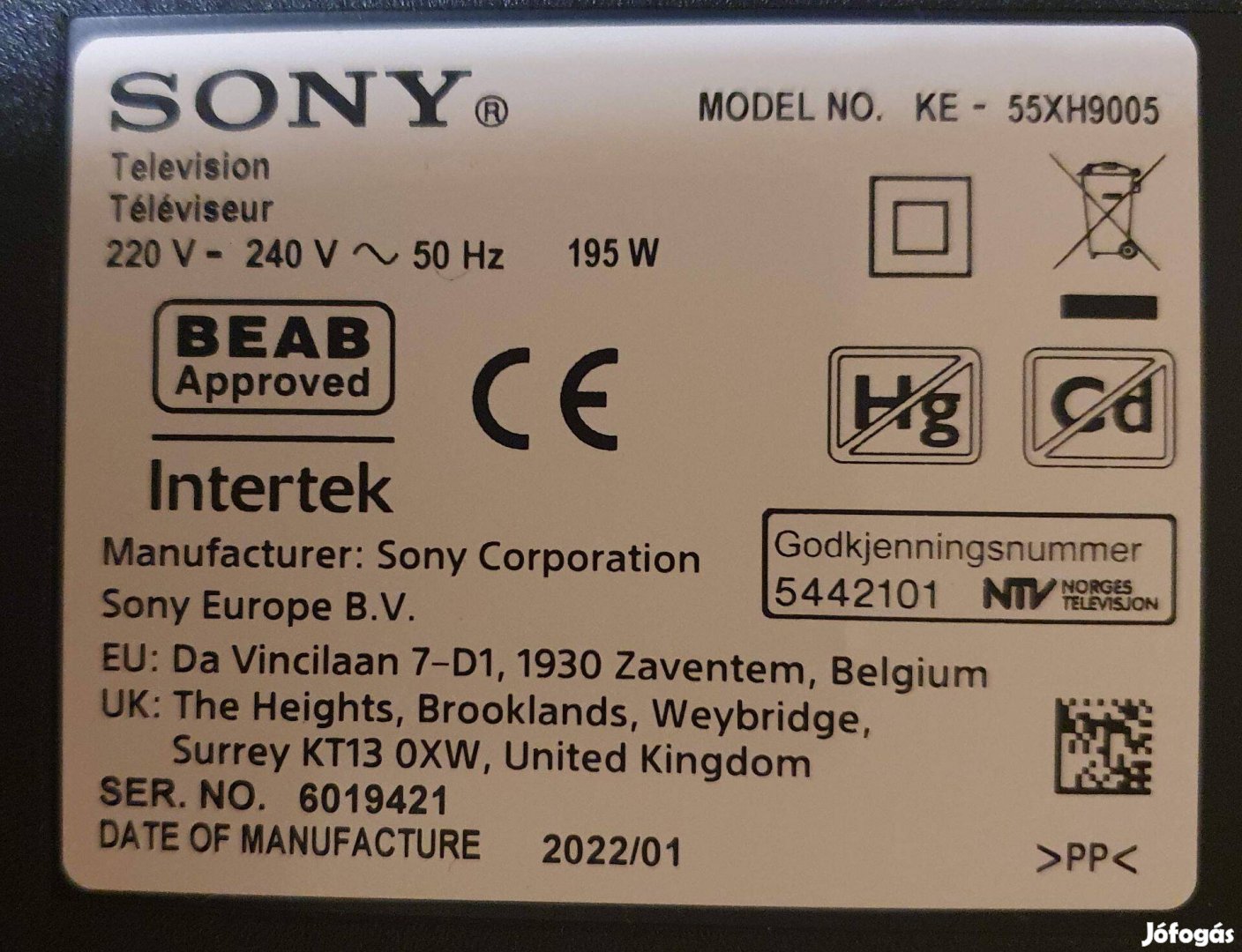 Sony KE-55Xh9005 android LED tv hibás törött alkatrésznek