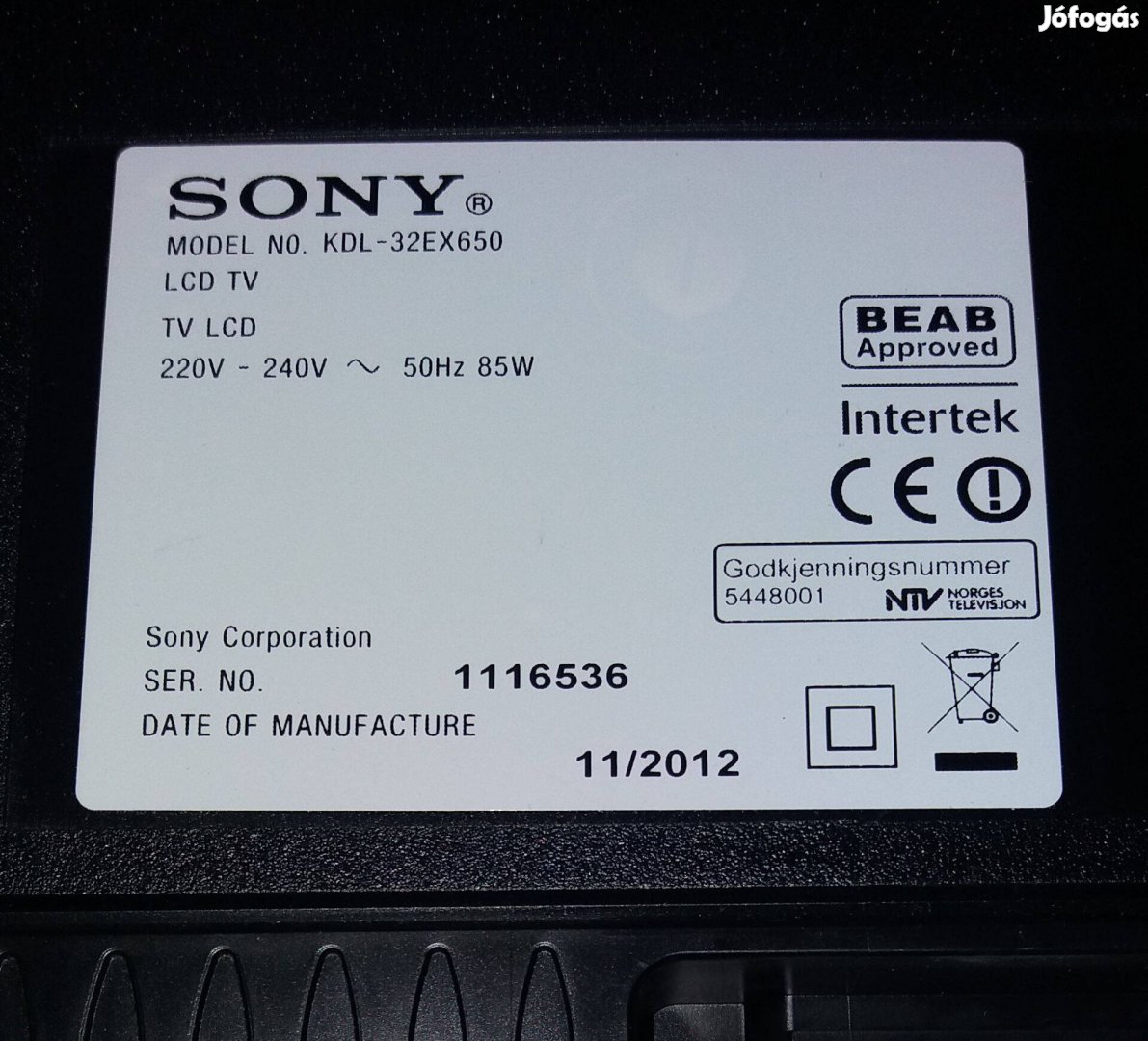 Sony Kdl-32EX650 LED LCD tv hibás törött alkatrésznek main elkelt!