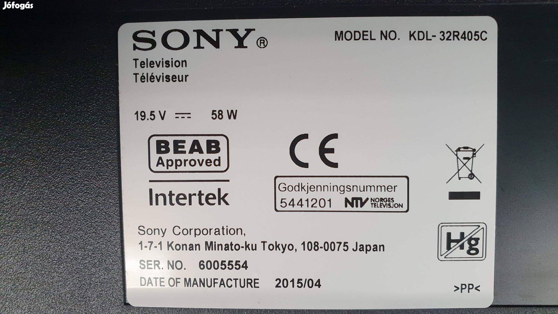 Sony Kdl-32R405C LED LCD tv hibás törött alkatrésznek