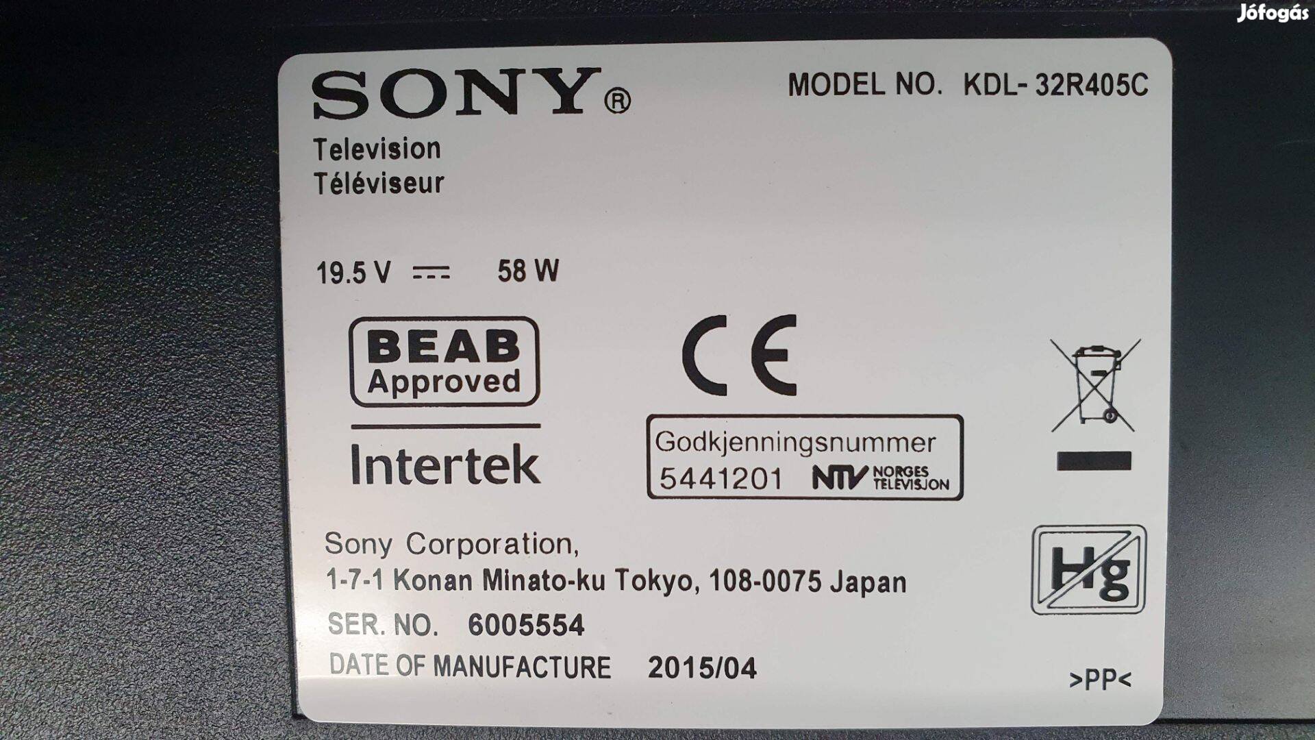 Sony Kdl-32R405C LED LCD tv hibás törött alkatrésznek