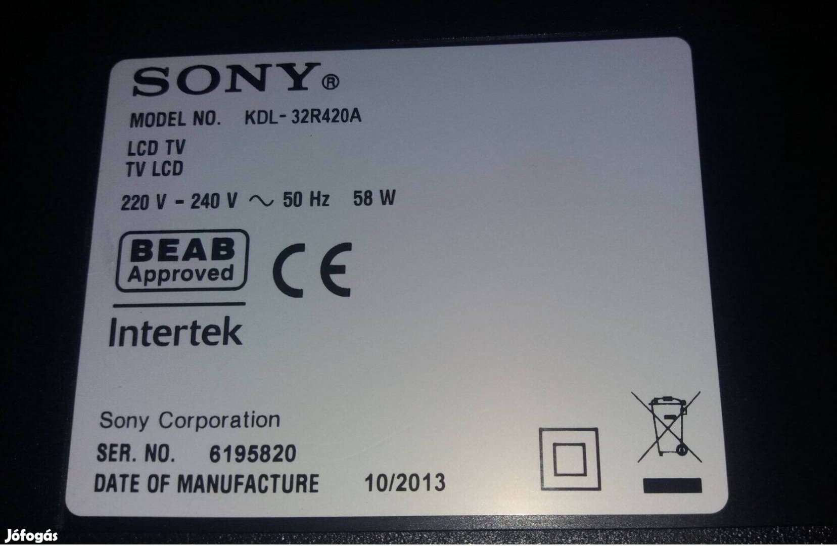 Sony Kdl-32R420A LED LCD tv tápegység APS-348/C , main,háttér elkelt!