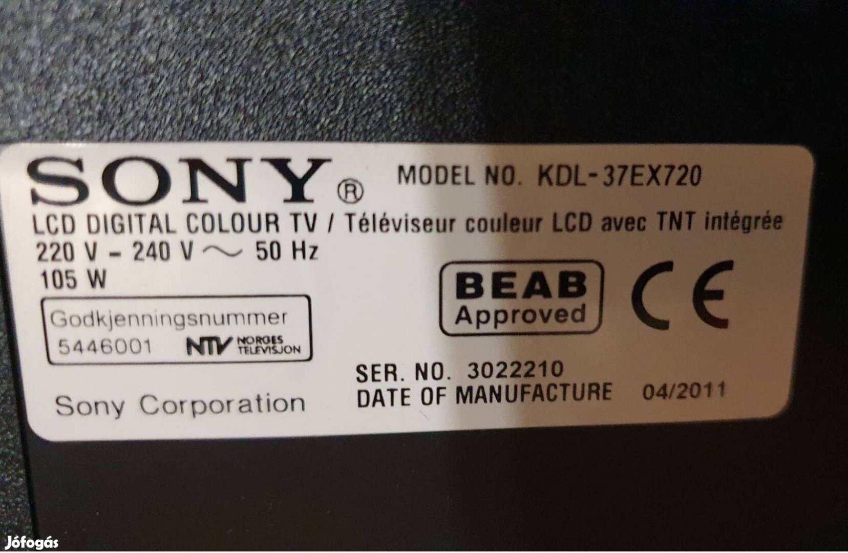 Sony Kdl-37EX720 LED LCD tv main board hibás,nem kapcsol be