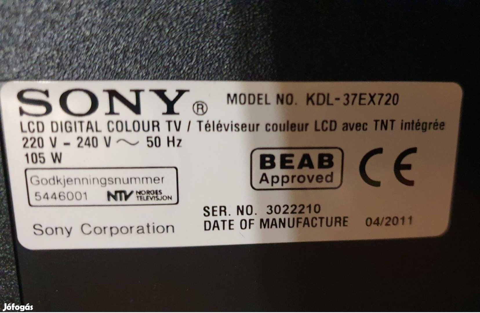 Sony Kdl-37EX720 LED LCD tv main board hibás,nem kapcsol be