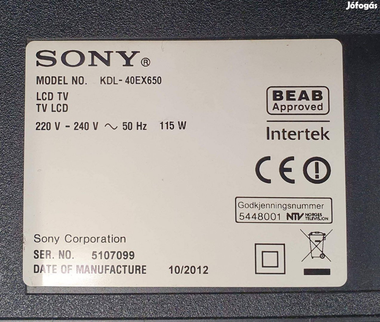 Sony Kdl-40EX650 LED tv tápegység panel eladó