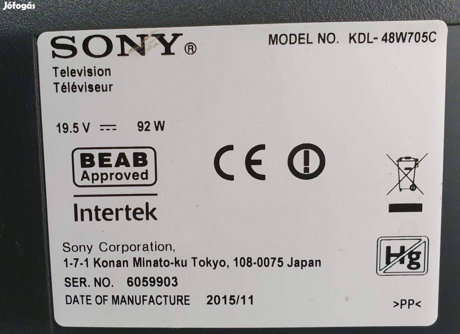 Sony Kdl-48W705C LED LCD tv hibás törött alkatrésznek 3 villogás
