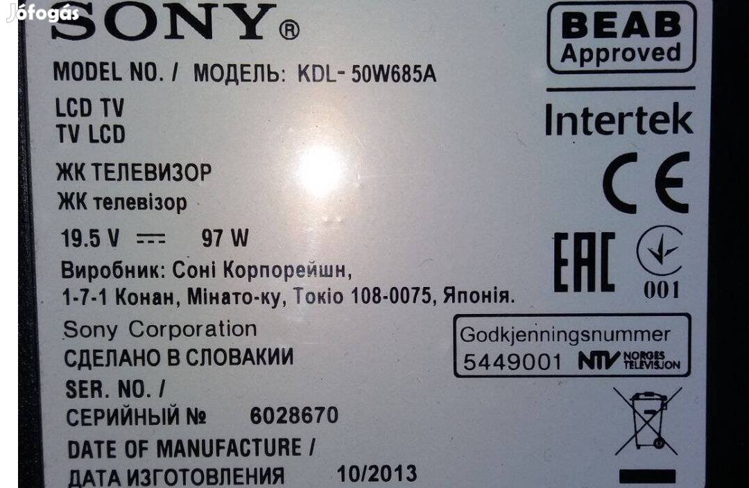 Sony Kdl-50W685A LED LCD tv hibás törött alkatrésznek