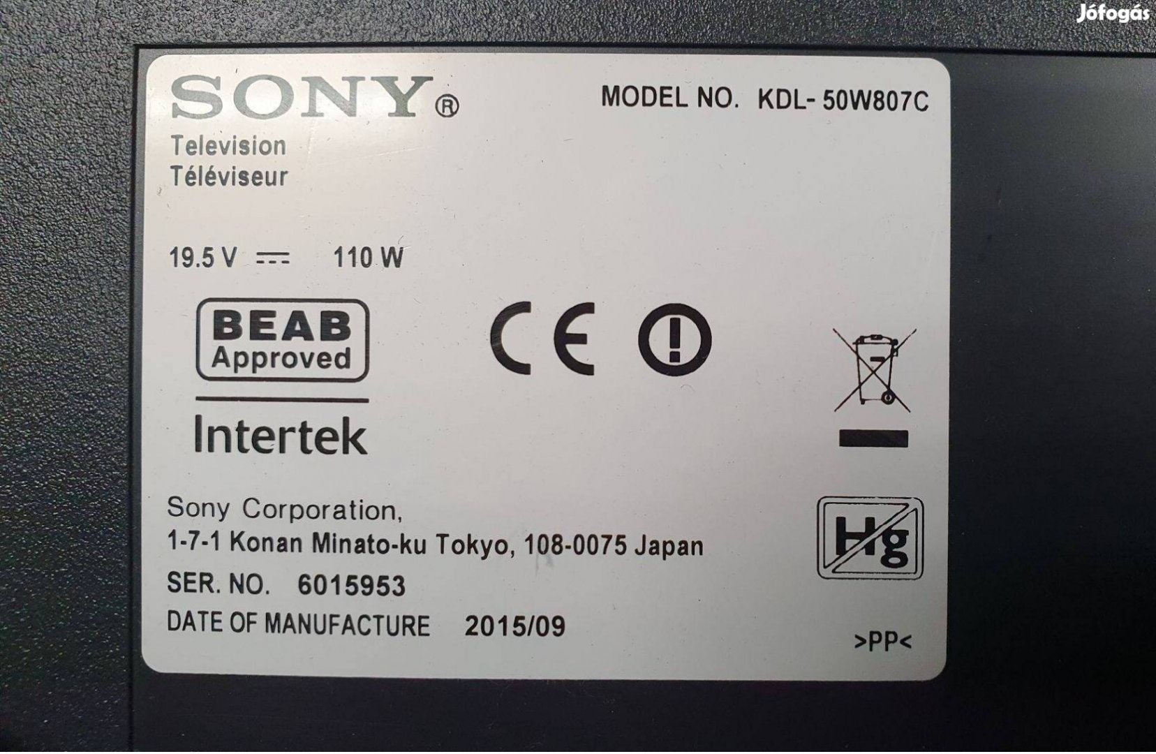 Sony Kdl-50W807C Android 3D LED LCD tv hibás törött alkatrésznek