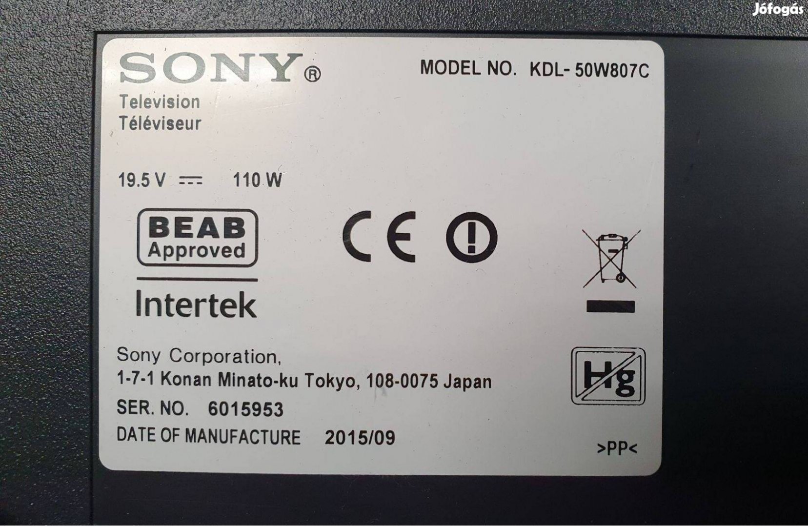 Sony Kdl-50W807C Android 3D LED tv alkatrésznek mainboard elkelt