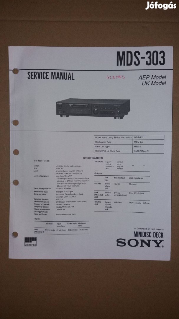 Sony MDS-303 Minidisc Original szervice manual