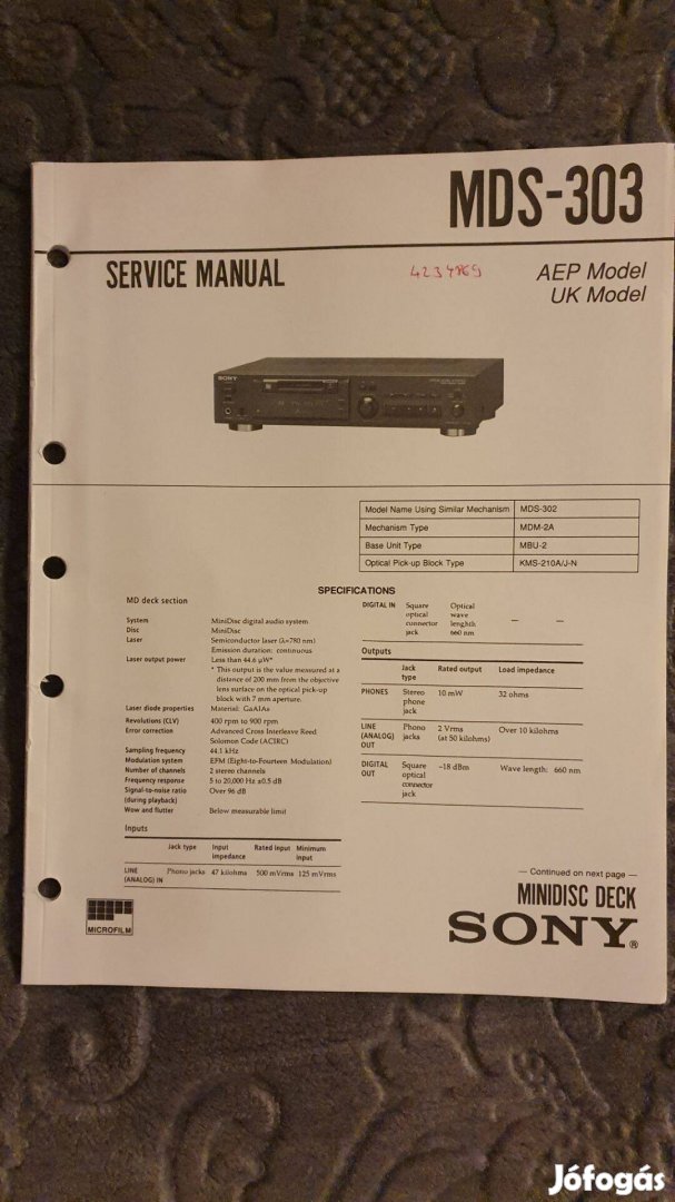 Sony MDS-303 Minidisc eredeti Service manual szerviz gépkönyv