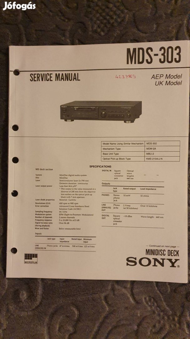 Sony MDS-303 Minidisc eredeti Service manual szerviz gépkönyv