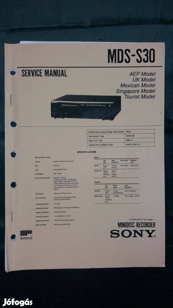 Sony MDS-S30 Minidisc eredeti Service manual szerviz gépkönyv