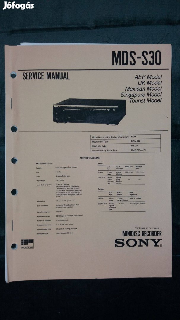 Sony MDS-S30 Minidisc eredeti Service manual szerviz gépkönyv