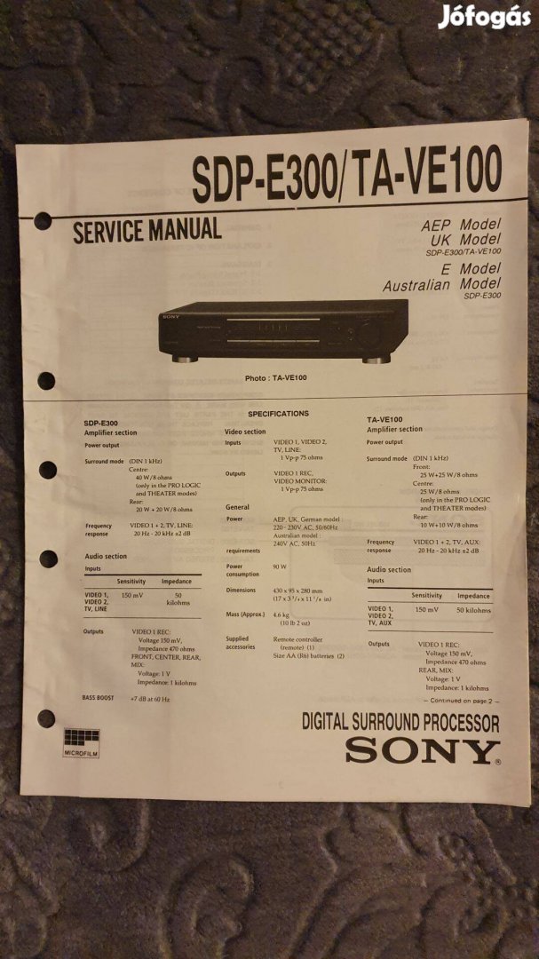 Sony SDP-E300 TAV-VE100 eredeti Service manual szerviz gépkönyv