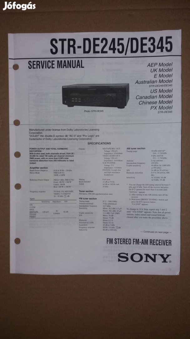 Sony STR-De245 STR-De345 Receiver eredeti service manual