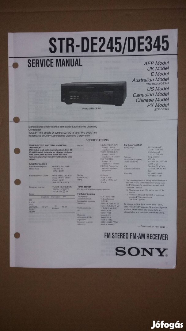 Sony STR-De245 STR-De345 Receiver eredeti service manual