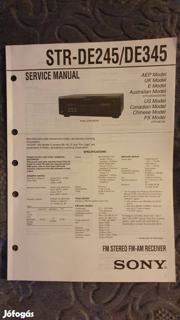 Sony STR-De245 STR-De345 eredeti Service manual szerviz gépkönyv