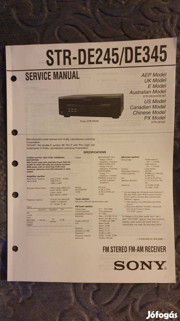 Sony STR-De245 STR-De345 eredeti Service manual szerviz gépkönyv
