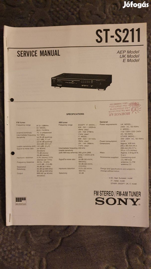 Sony ST-S211 eredeti Service manual szerviz gépkönyv