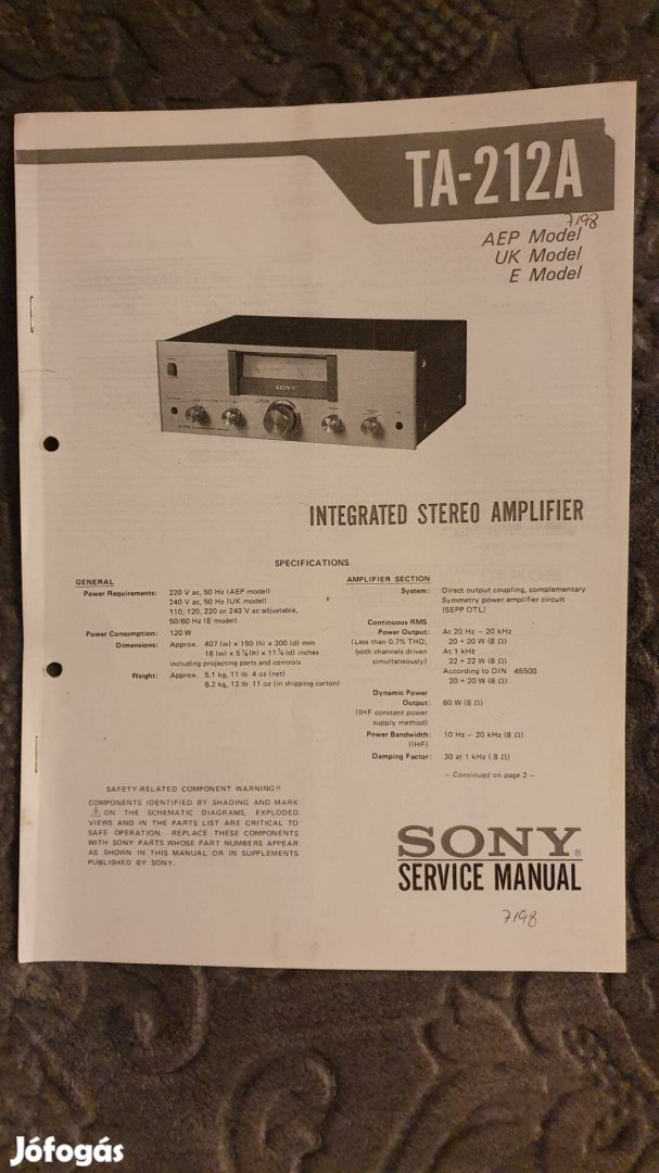 Sony TA-212A eredeti Service manual szerviz gépkönyv