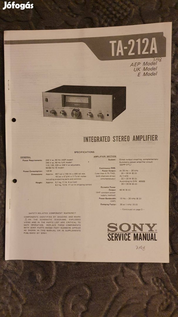 Sony TA-212A eredeti Service manual szerviz gépkönyv