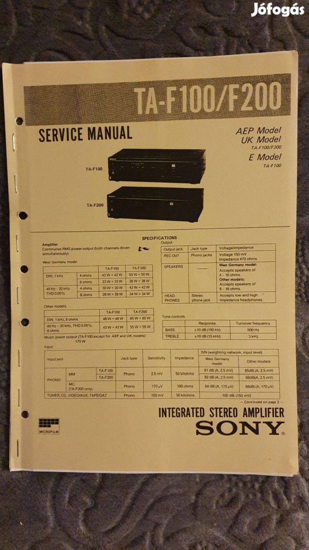 Sony TA-F100 TA-F200 eredeti Service manual szerviz gépkönyv