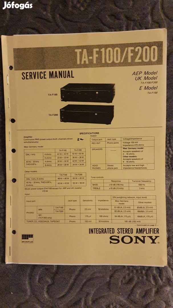 Sony TA-F100 TA-F200 eredeti Service manual szerviz gépkönyv