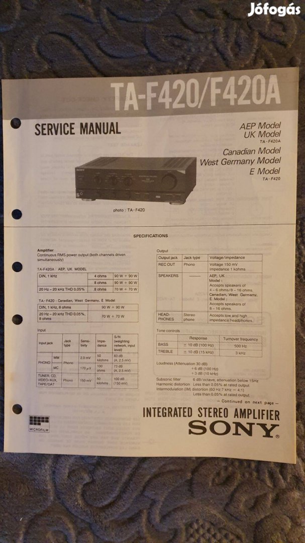 Sony TA-F420 eredeti Service manual szerviz gépkönyv