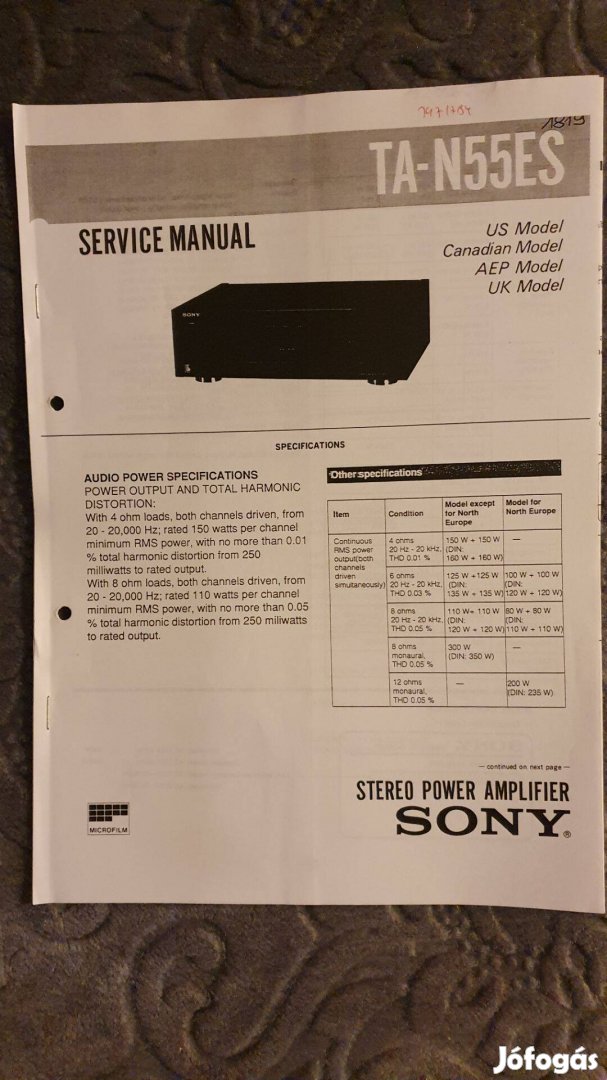 Sony TA-N55Es eredeti Service manual szerviz gépkönyv