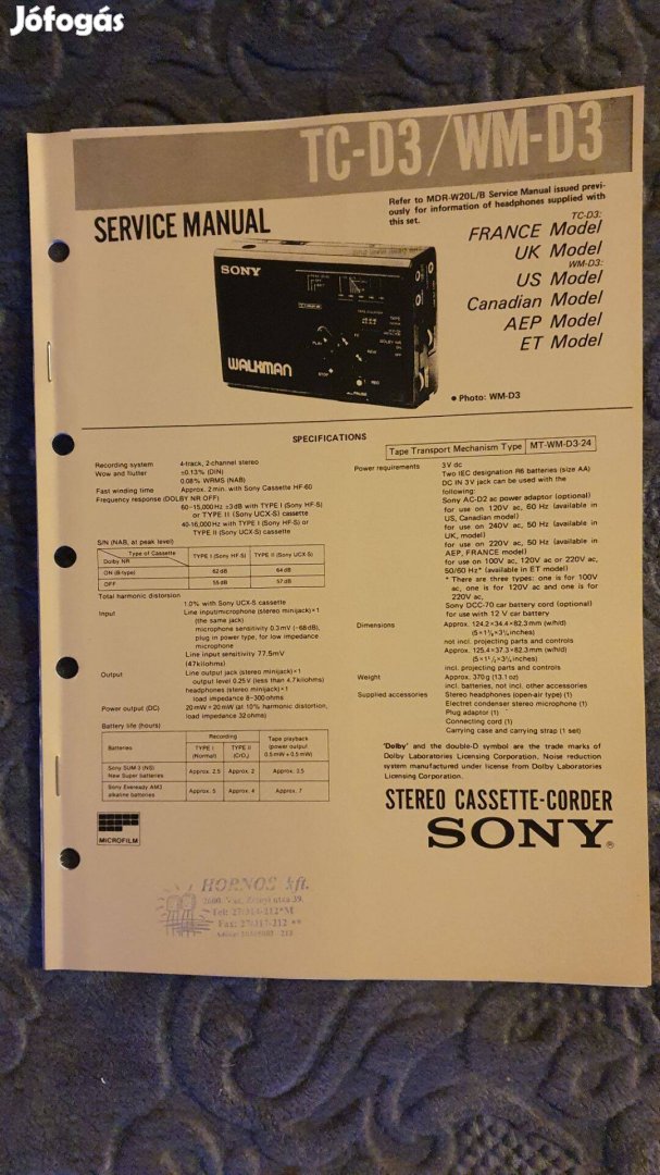 Sony TC-D3 WM-D3 eredeti Service manual szerviz gépkönyv