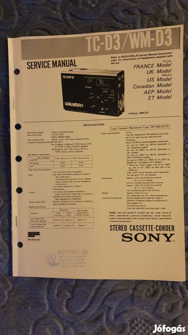 Sony TC-D3 WM-D3 eredeti Service manual szerviz gépkönyv