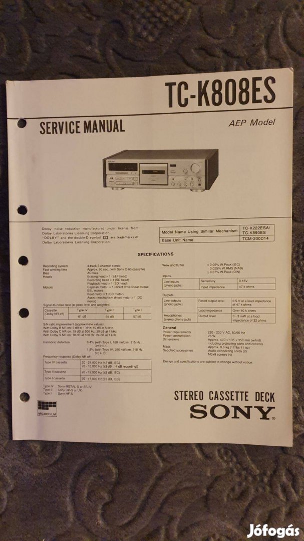 Sony TC-K808Es eredeti Service manual szerviz gépkönyv