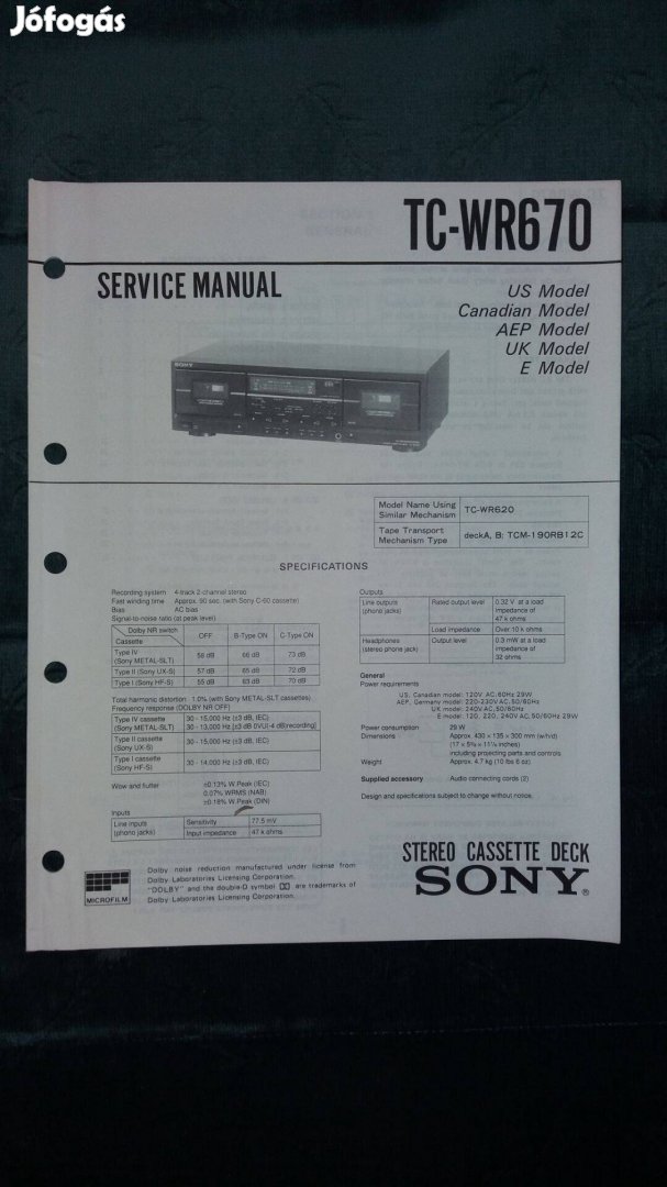 Sony TC-WR670 Service manual szerviz gépkönyv