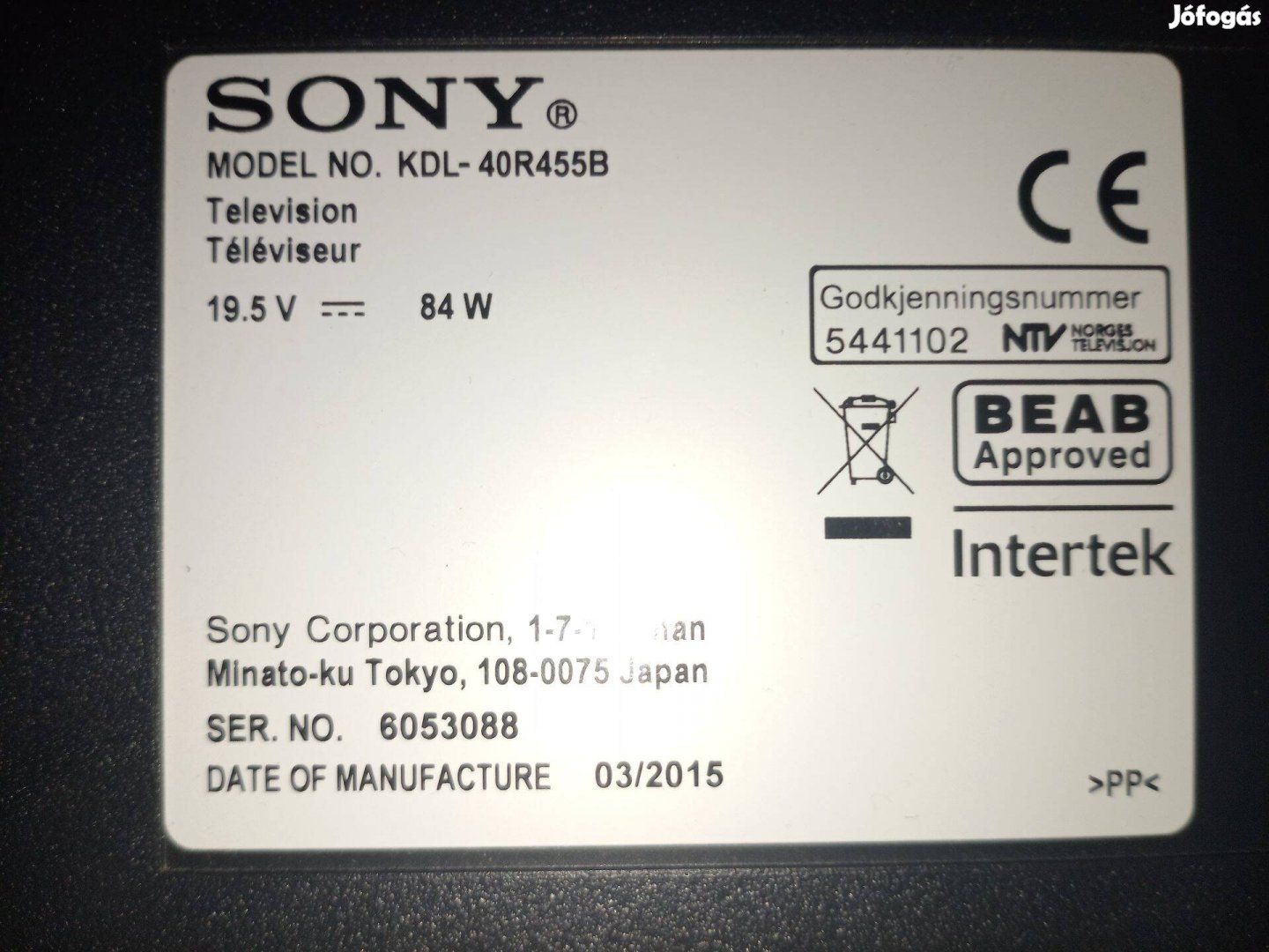 Sony (Kdl-40R455B) 102 cm-es led tv alkatrésznek eladó.Kijelző törött!