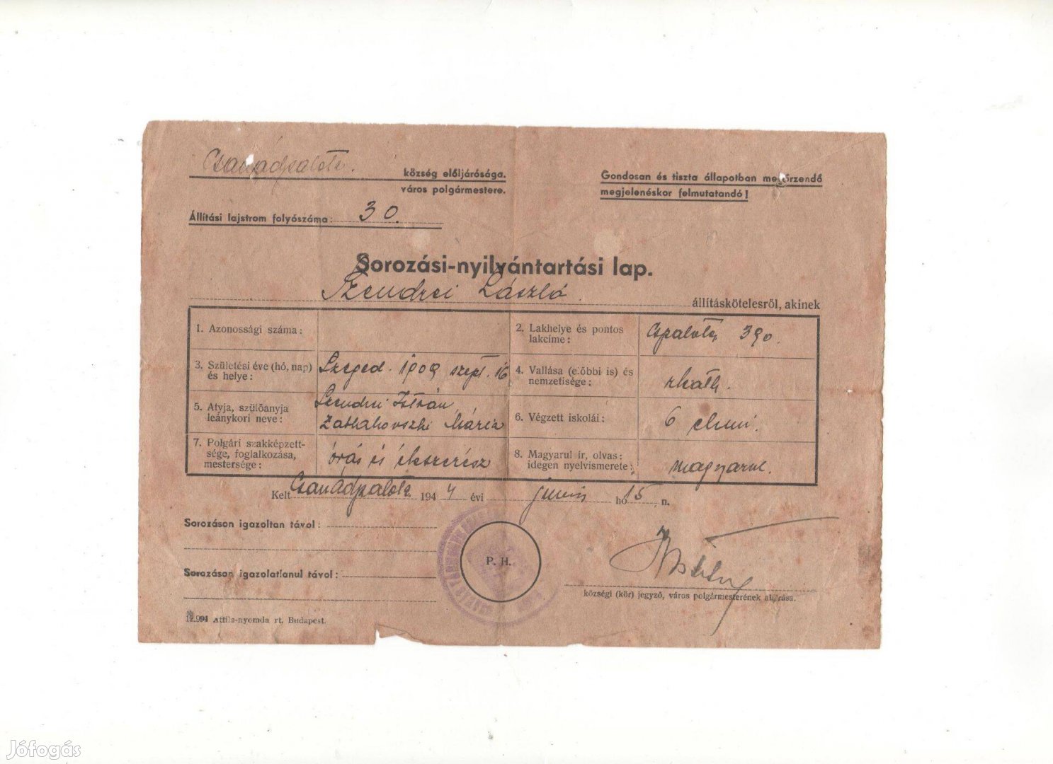 Sorozási-nyilvántartási lap 1944 10000ft óbuda