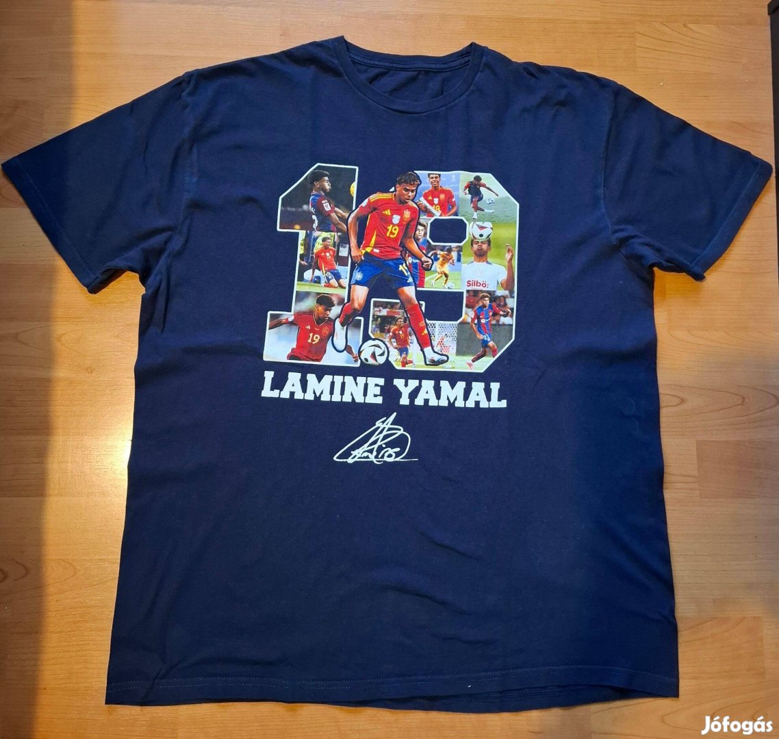 Sötétkék pamut póló Lamine Yamal képekkel és felirattal, újszerű, XL